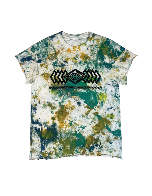Vibrant tie-dye rag tee with a swirl of bold, colorful patterns, featuring a relaxed, worn-in look for a casual, vintage vibe. The Corbin logo is prominently displayed in the center.