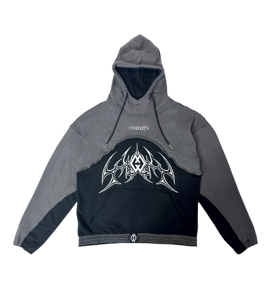 Edgy black and gray Corbin hoodie with a bold white logo on the chest. A versatile statement piece for any wardrobe.