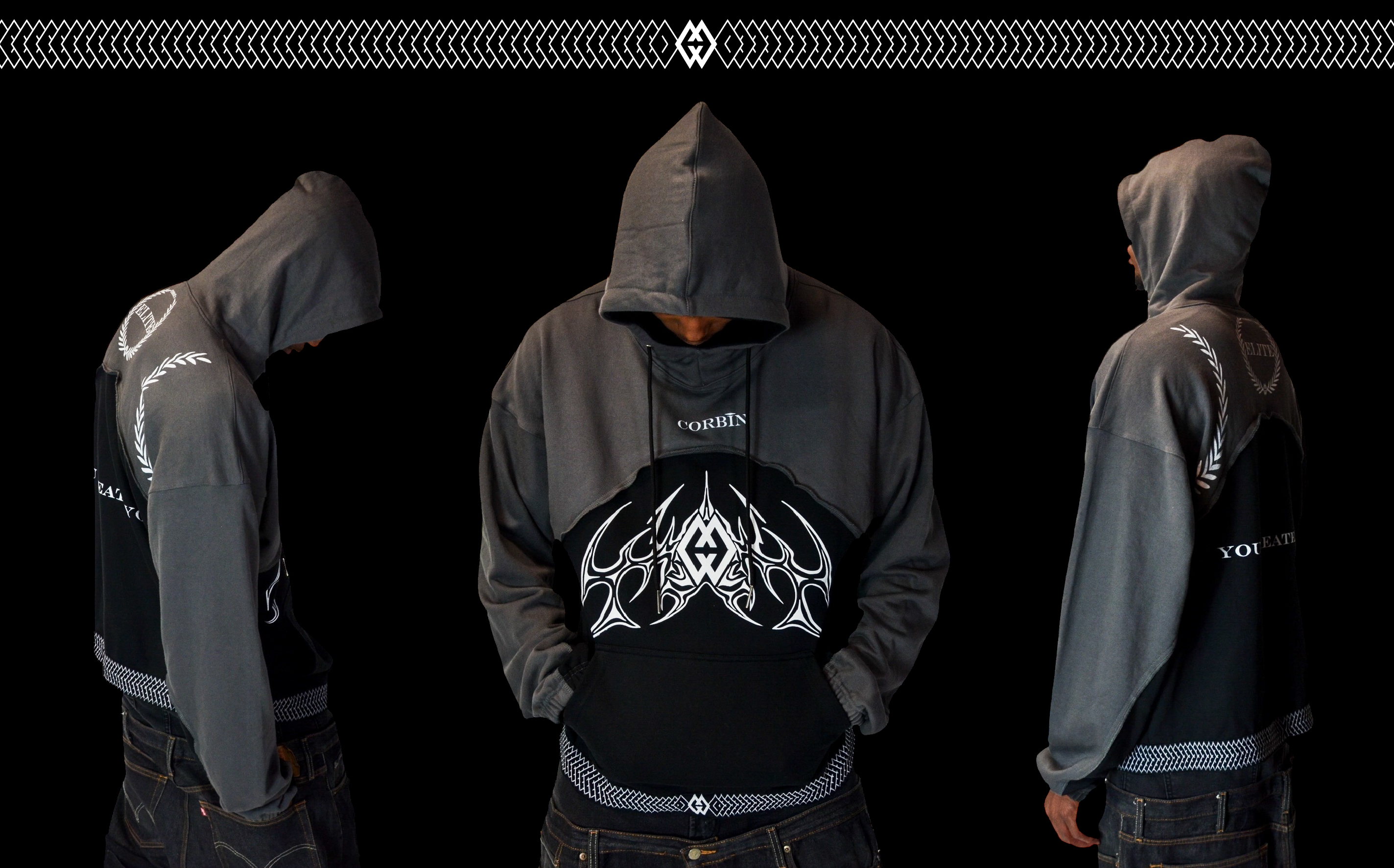 Striking visual of a model tripled and facing three directions, showcasing a black and gray Corbin hoodie with a bold white logo centered on the chest.