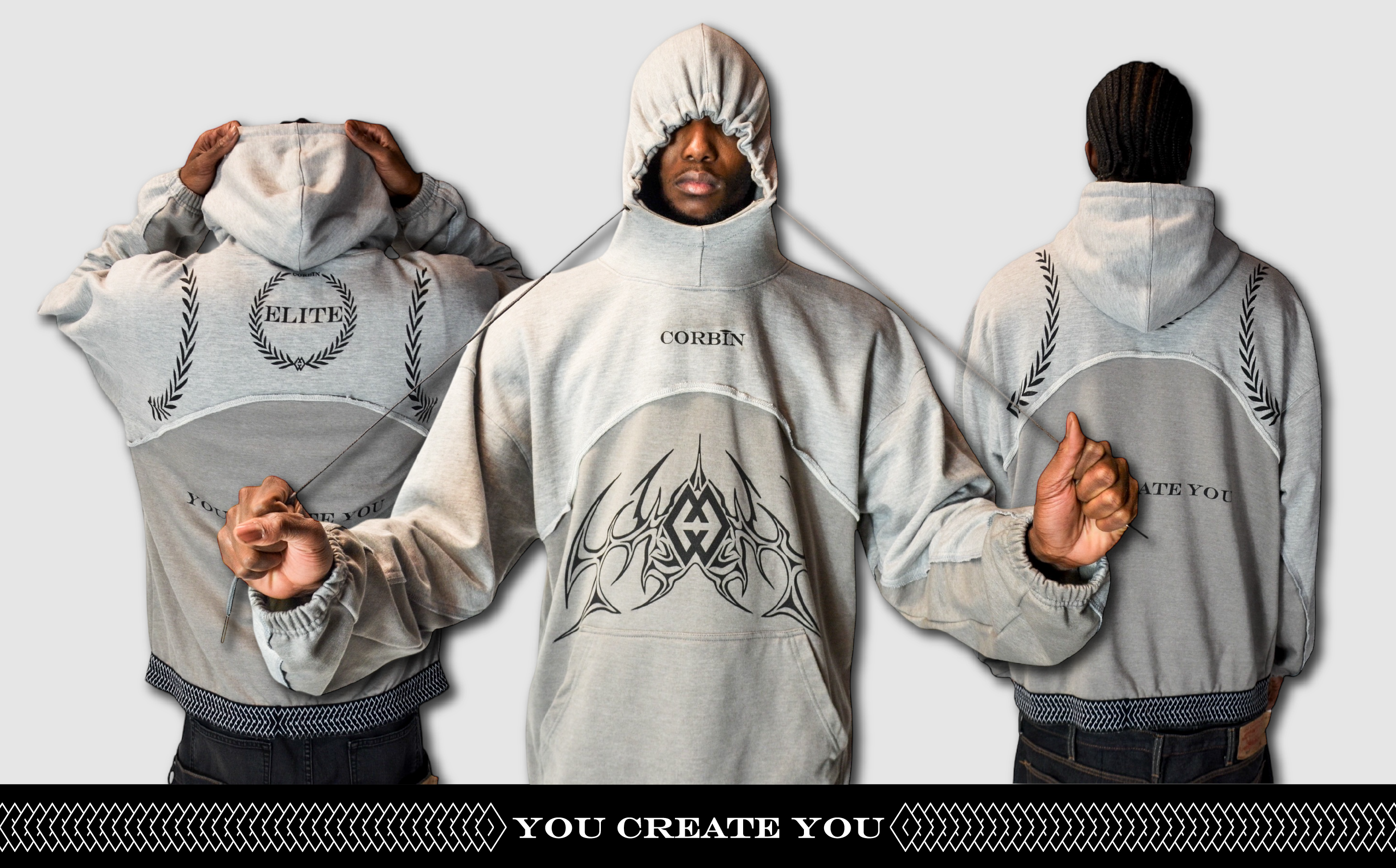 Striking visual of a model tripled and facing three directions, showcasing a white and gray Corbin hoodie with a bold black logo centered on the chest.
