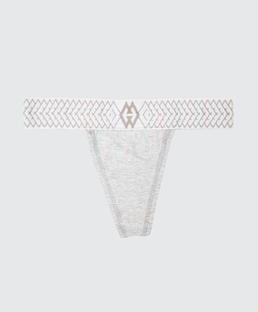 Sleek gray diamond-link thong featuring an intricate chain-like design. The Corbin logo is prominently displayed around the waist portion, adding a bold branded touch.