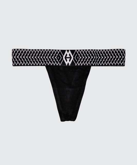 Stylish black diamond-link thong featuring an intricate chain-like design. The Corbin logo is elegantly displayed around the waist portion, adding a bold branded touch.