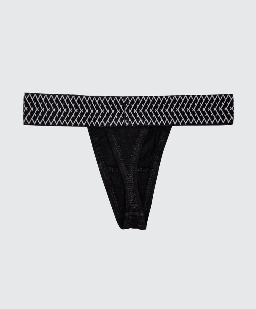 Stylish black diamond-link thong featuring an intricate chain-like design. The Corbin logo is elegantly displayed around the waist portion, adding a bold branded touch.