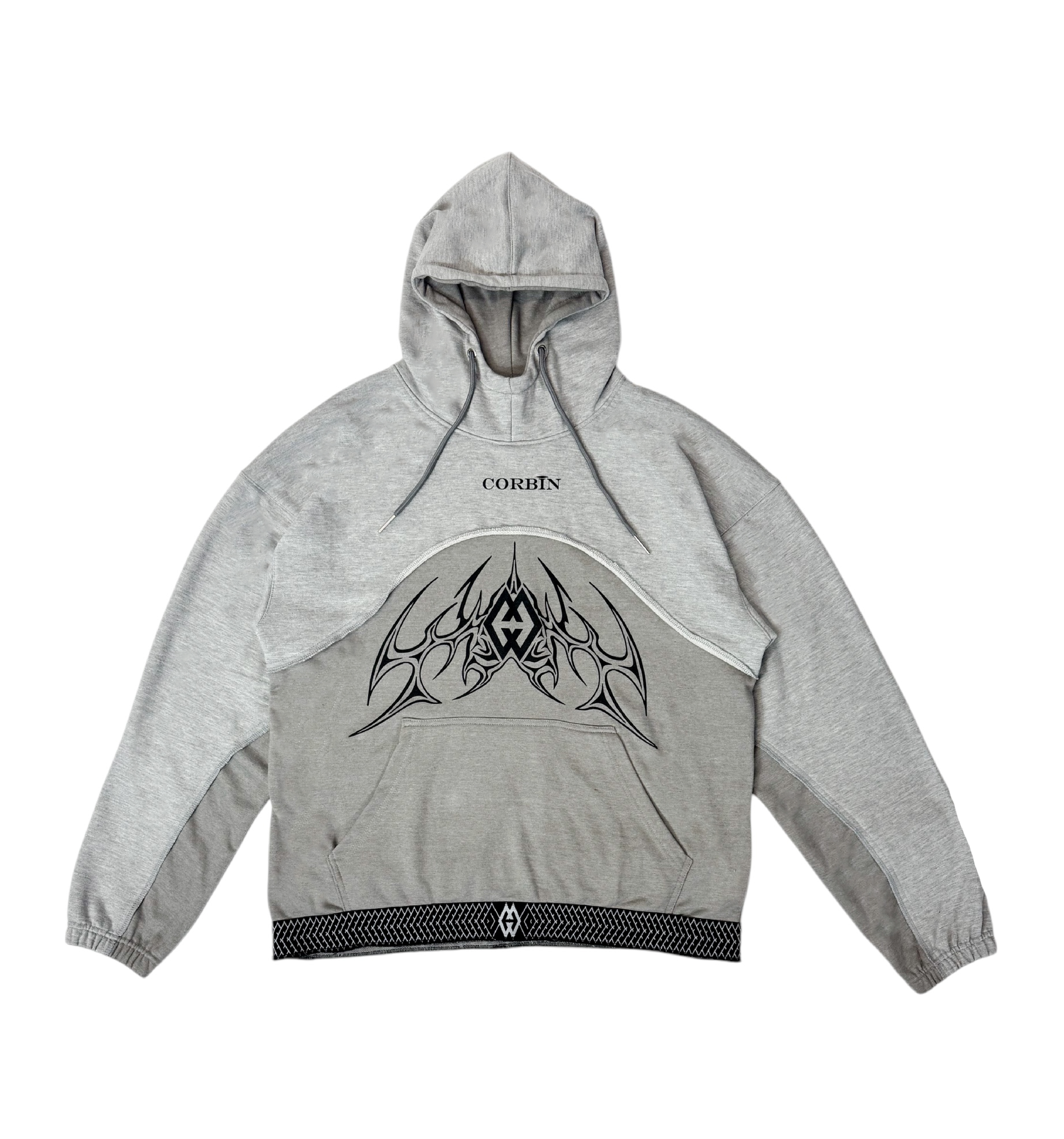 Sleek and modern Corbin hoodie in gray, featuring a bold black logo centered on the chest. A perfect blend of style and comfort.