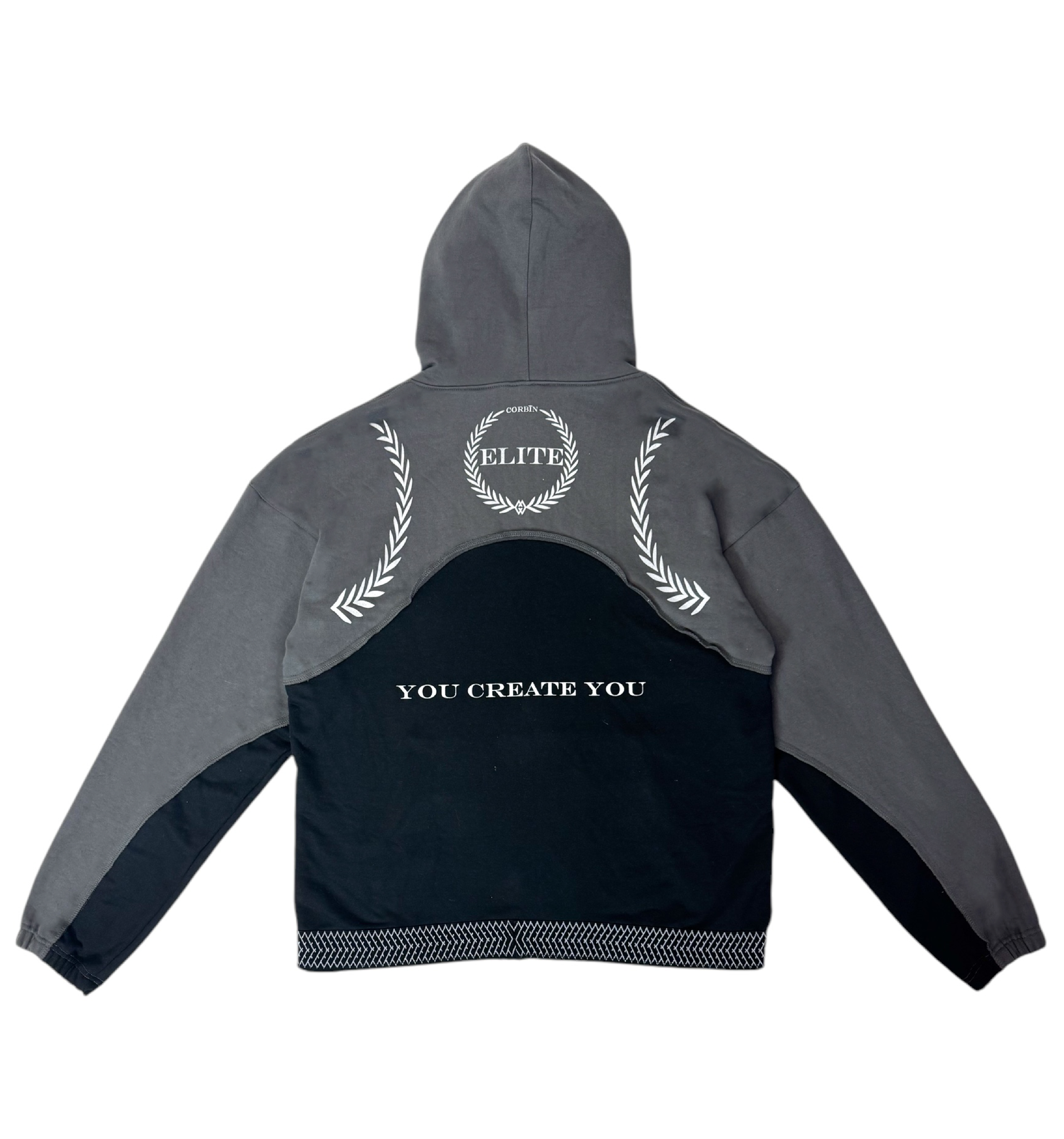 Edgy black and gray Corbin hoodie with a bold white logo on the chest. A versatile statement piece for any wardrobe.